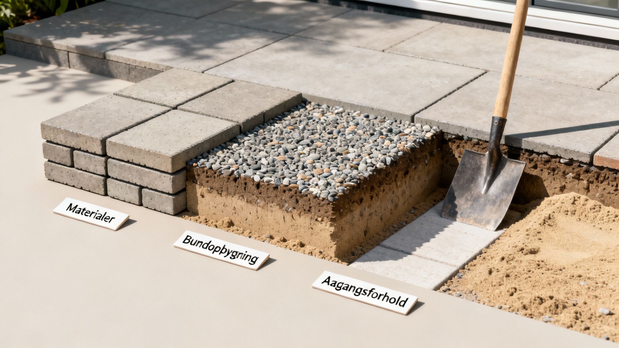 Detaljeret visning af terrassebyggeri med materialer, bundopbygning og underlag i tværsnit.