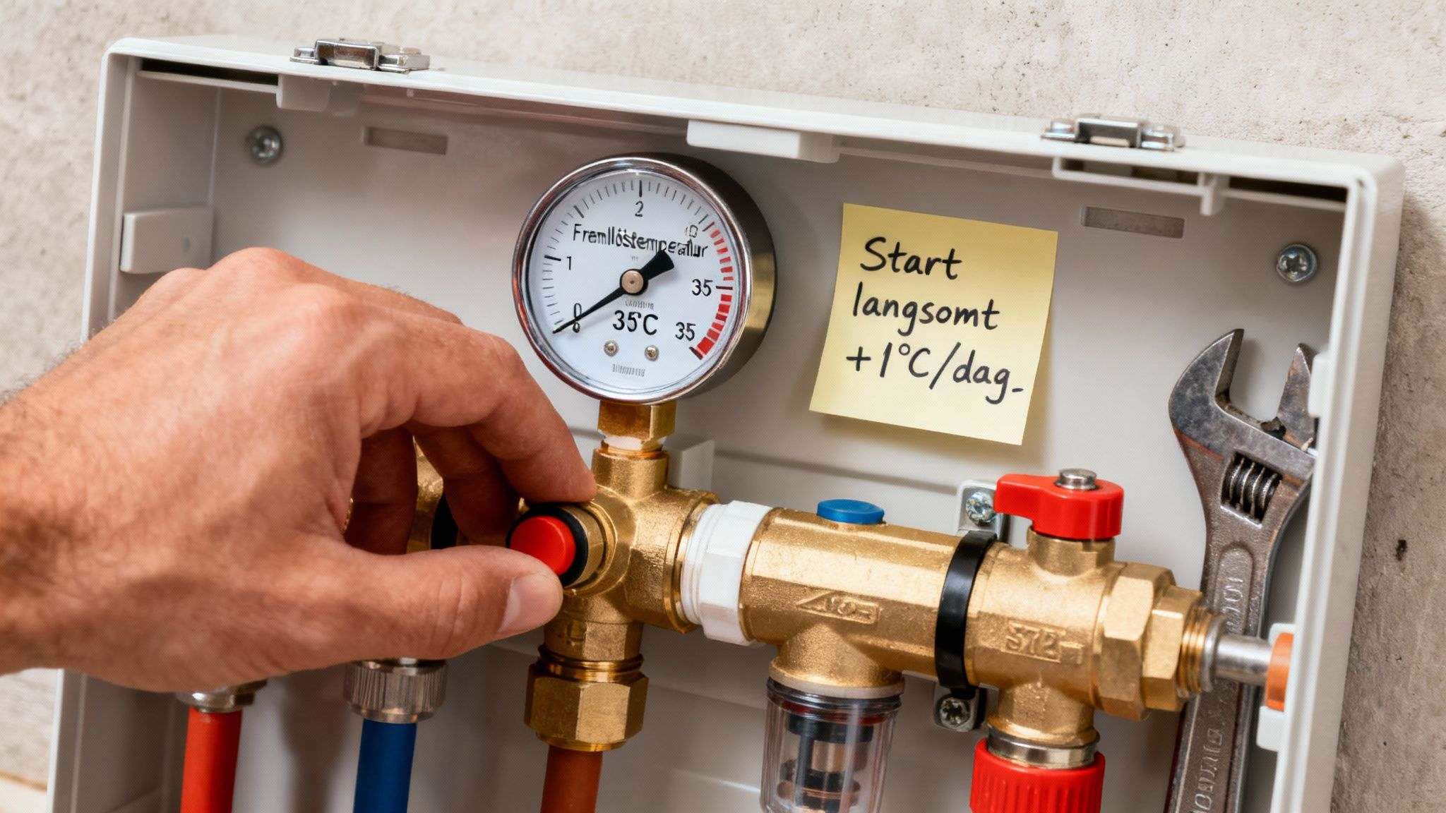 En hånd justerer en ventil på et gulvvarmesystem, hvor måleren viser 35°C og en note minder om langsom start.
