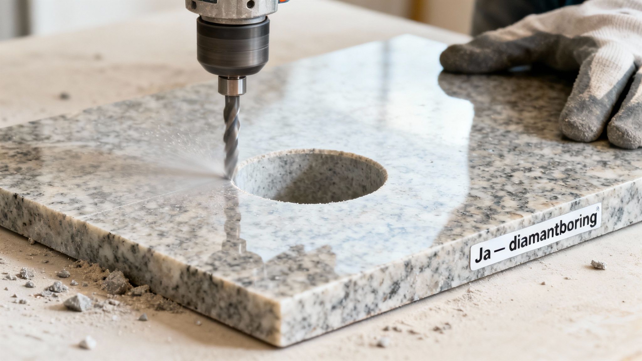 Boring af et rundt hul i en lys granitplade med en diamantboremaskine og vandafkøling.