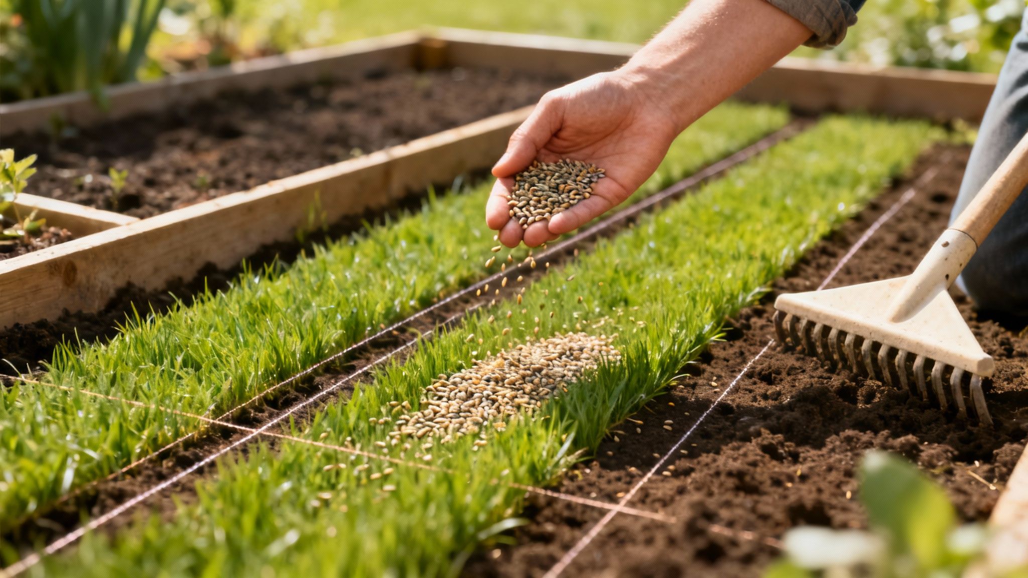 En hånd sår græsfrø i en grøn have, med spirer og en rive i forgrunden.