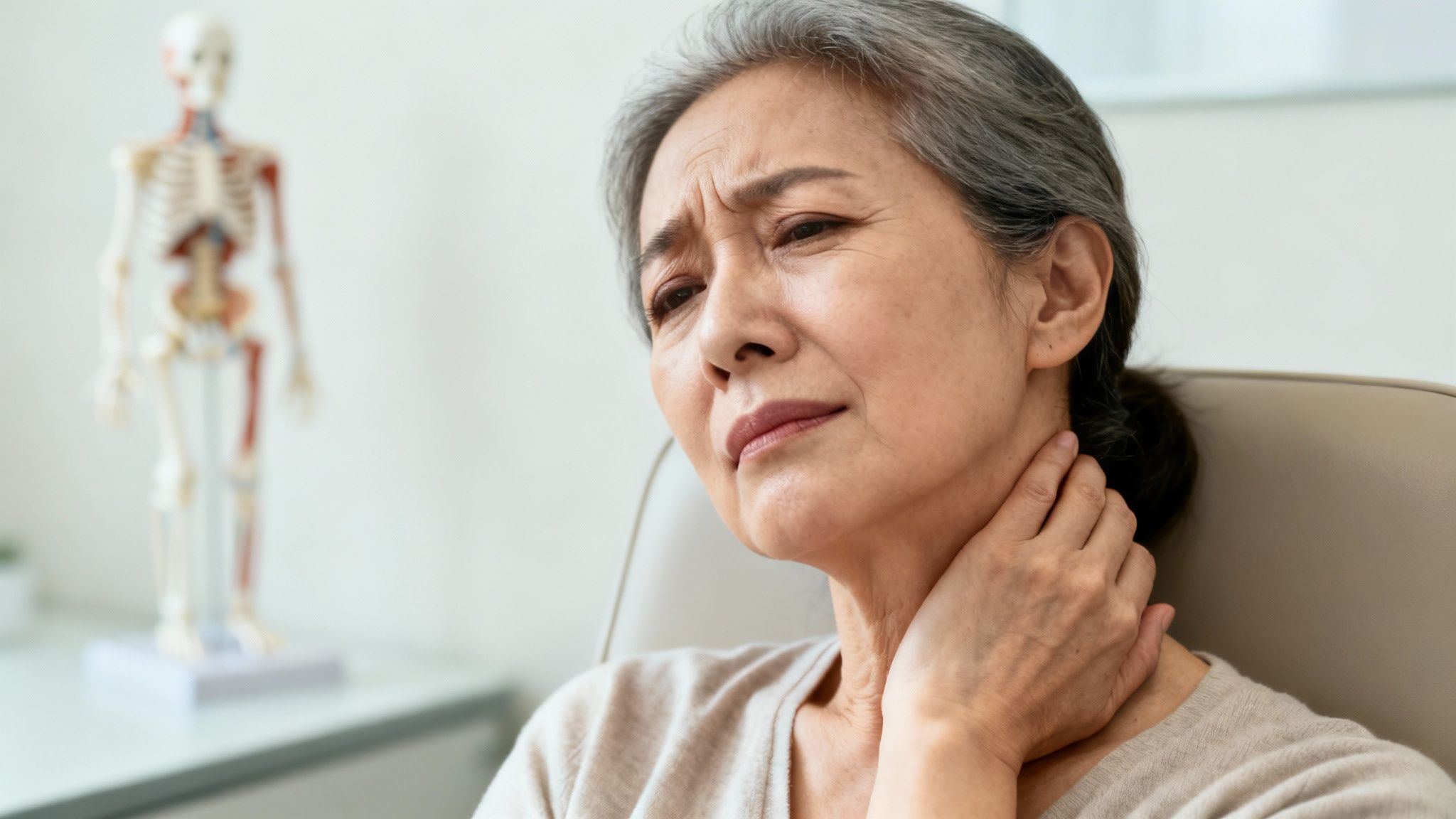 Ældre asiatisk kvinde med gråt hår holder sin nakke, udtrykker smerte, i en medicinsk klinik.