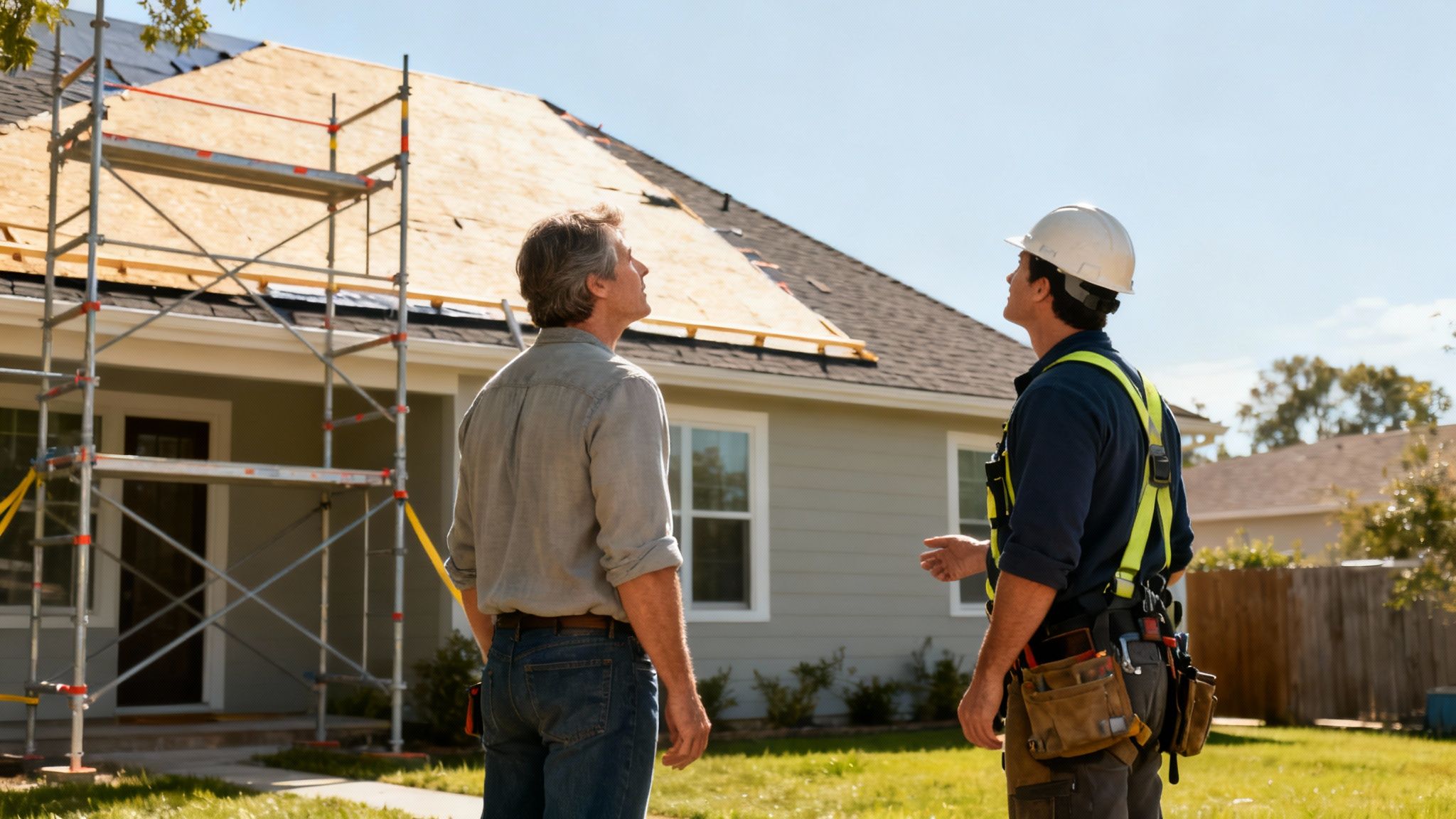 To mænd, en bygningsarbejder og en husejer, inspicerer et tag under reparation med stillads.