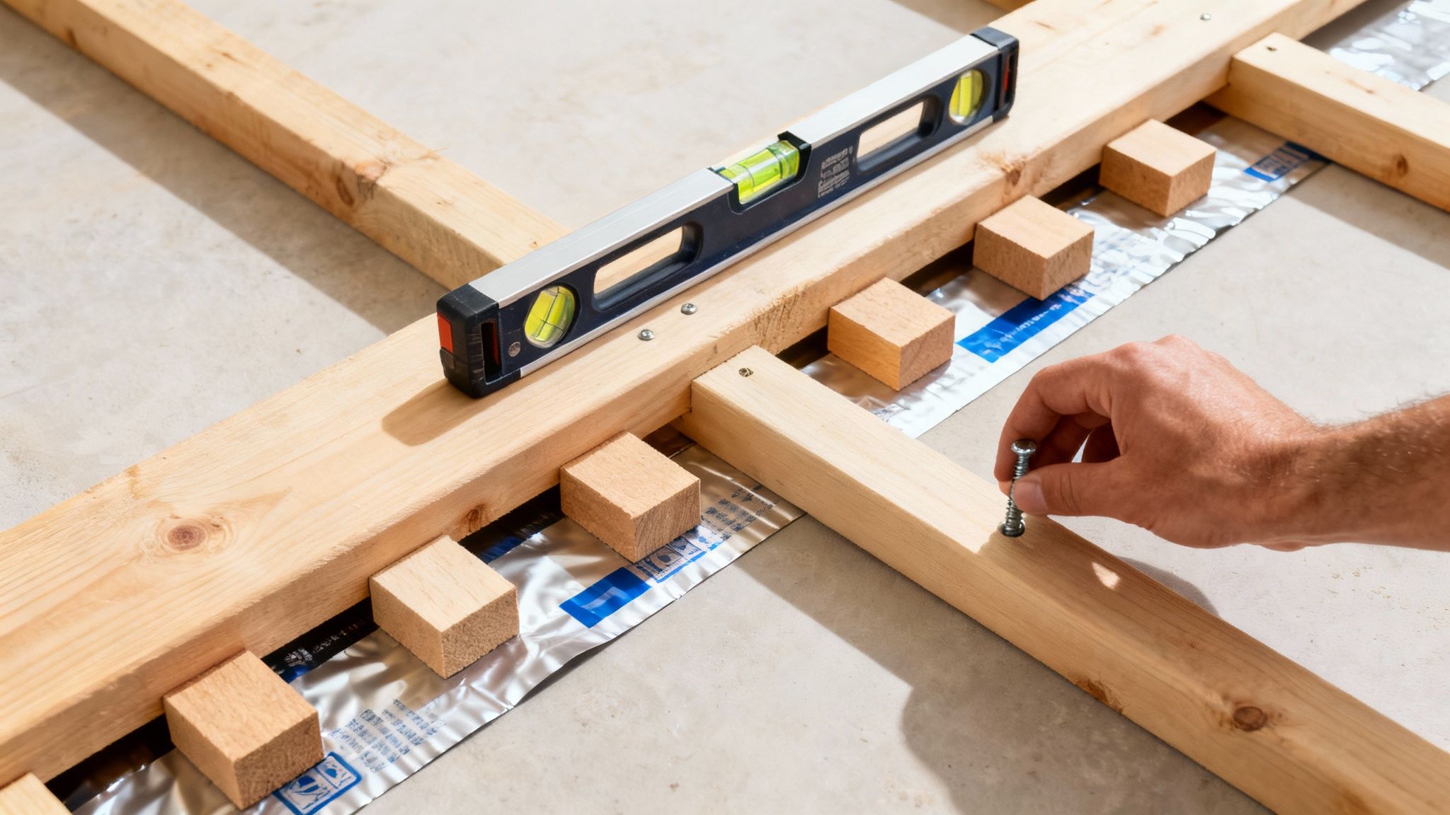 Håndværker monterer træstrøer med vaterpas og skruer, klar til en ny terrassekonstruktion.