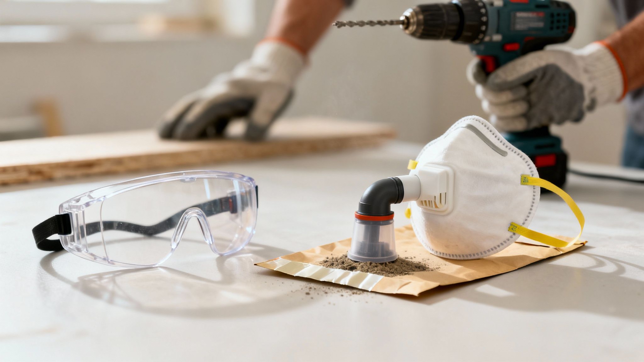 Sikkerhedsbriller og støvmaske med støvopsamler på et bord, mens en person borer i baggrunden.