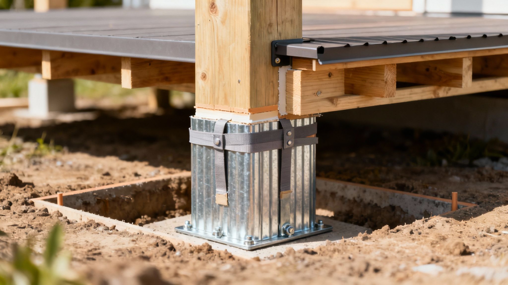 Galvaniseret metalfundament med strop holder trækonstruktion til overdækket terrasse på plads i sand