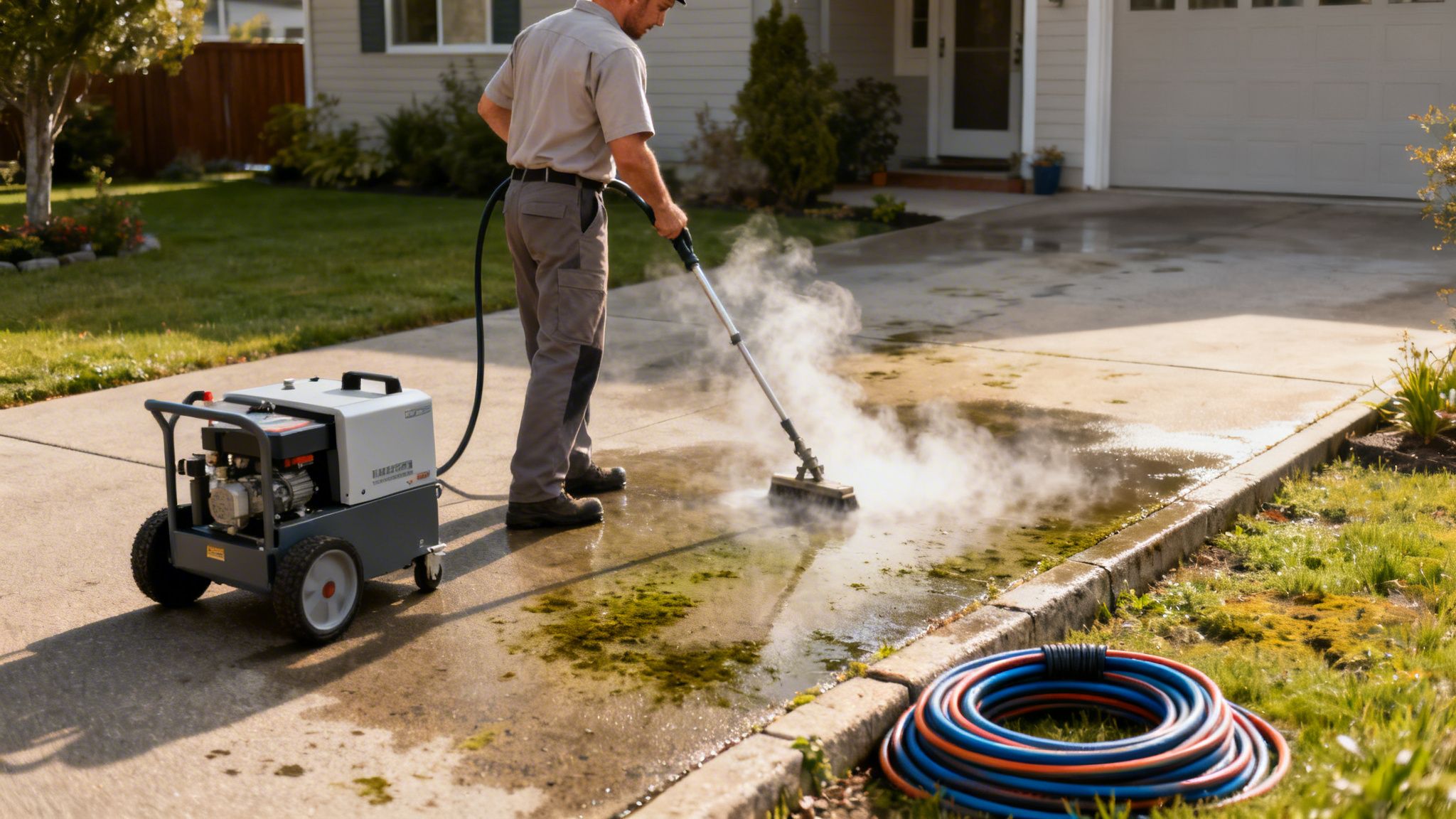 Mand højtryksrenser en indkørsel for at fjerne grønne alger og snavs effektivt.