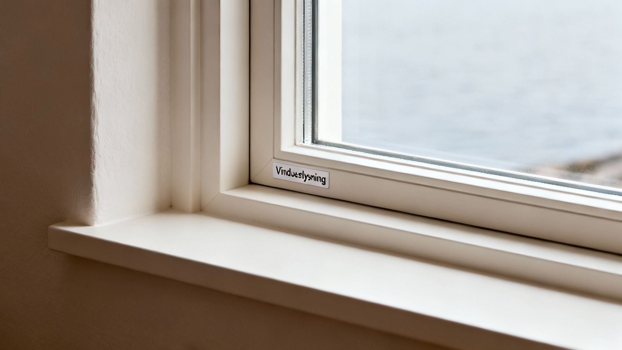 Nærbillede af et hvidt vindue med en vindueslysning, der viser udsigten over vandet.