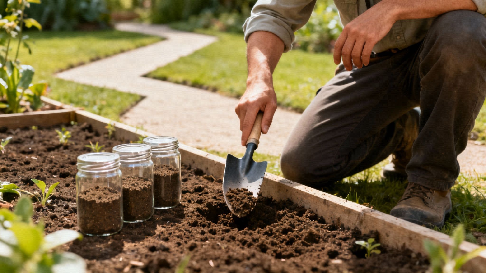 En person knæler i et højbed og arbejder med jordprøver i glas ved hjælp af en murske.