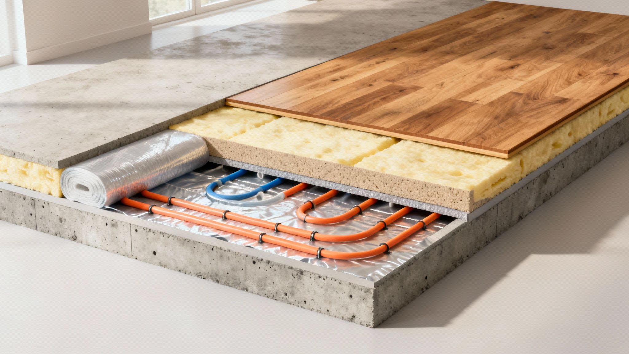 Et tværsnit af et gulv, der viser gulvvarme med rør, isolering, undergulv, trægulv og betongulv.