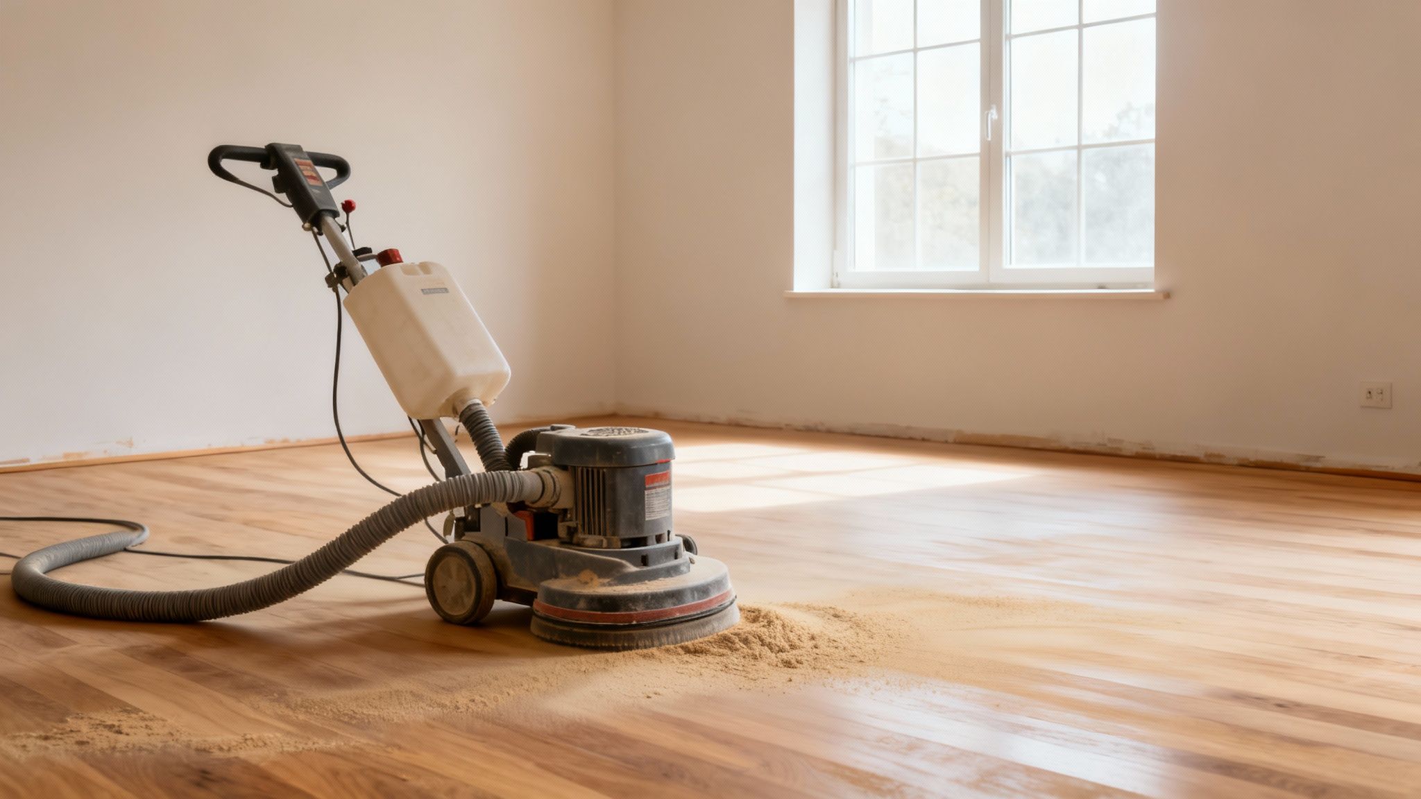 Gulvsliber maskine renoverer trægulv i et lyst rum, producerer savsmuld.