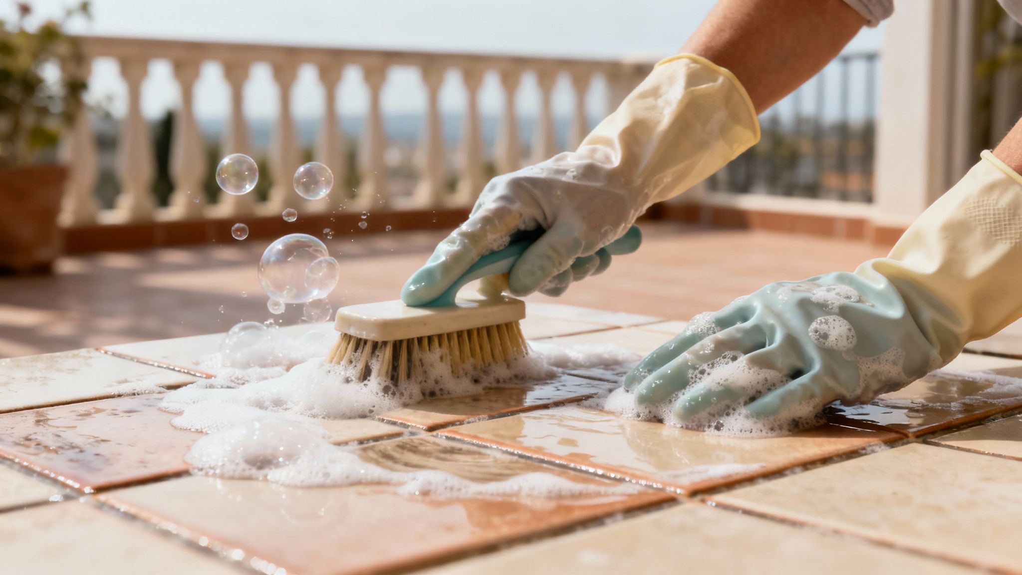 En person bruger en stiv kost til at skrubbe en fliseterrasse.