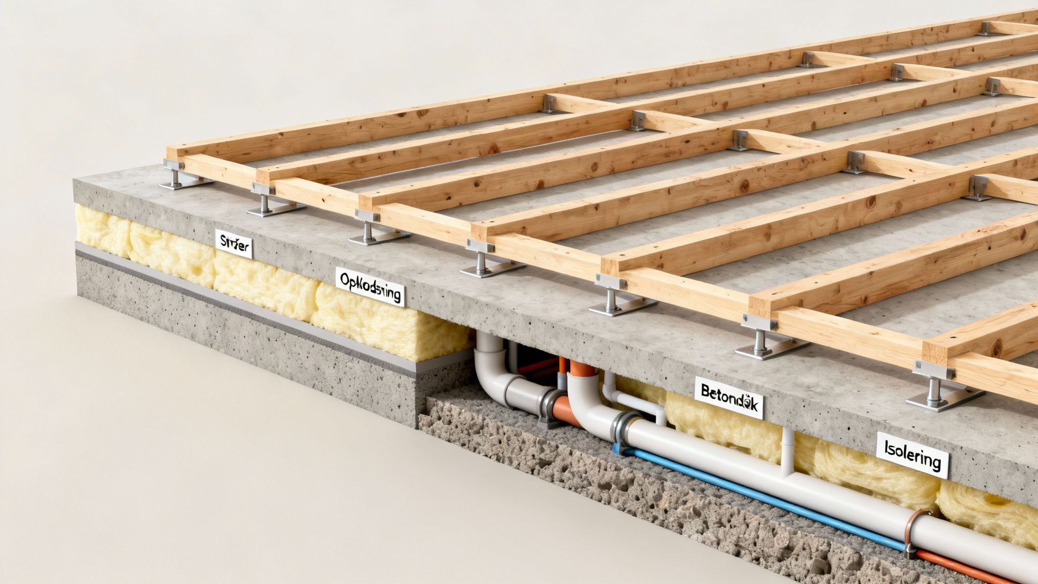 Detaljeret snit af gulvkonstruktion med strøer, betondæk, isolering og rørinstallationer under gulvet.