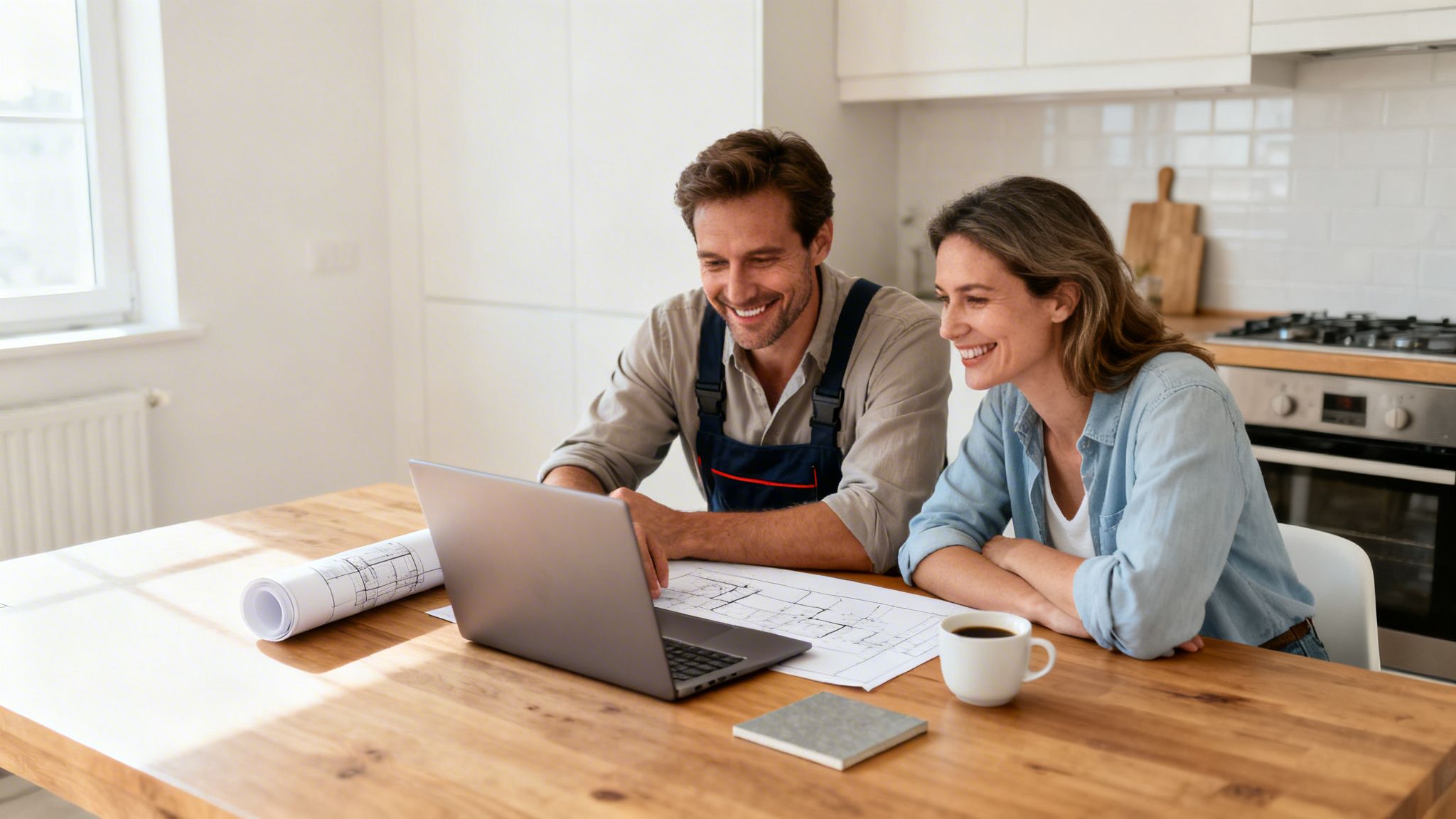 Glad mand i arbejdstøj og kvinde gennemgår renoveringsplaner på laptop i et moderne køkken.
