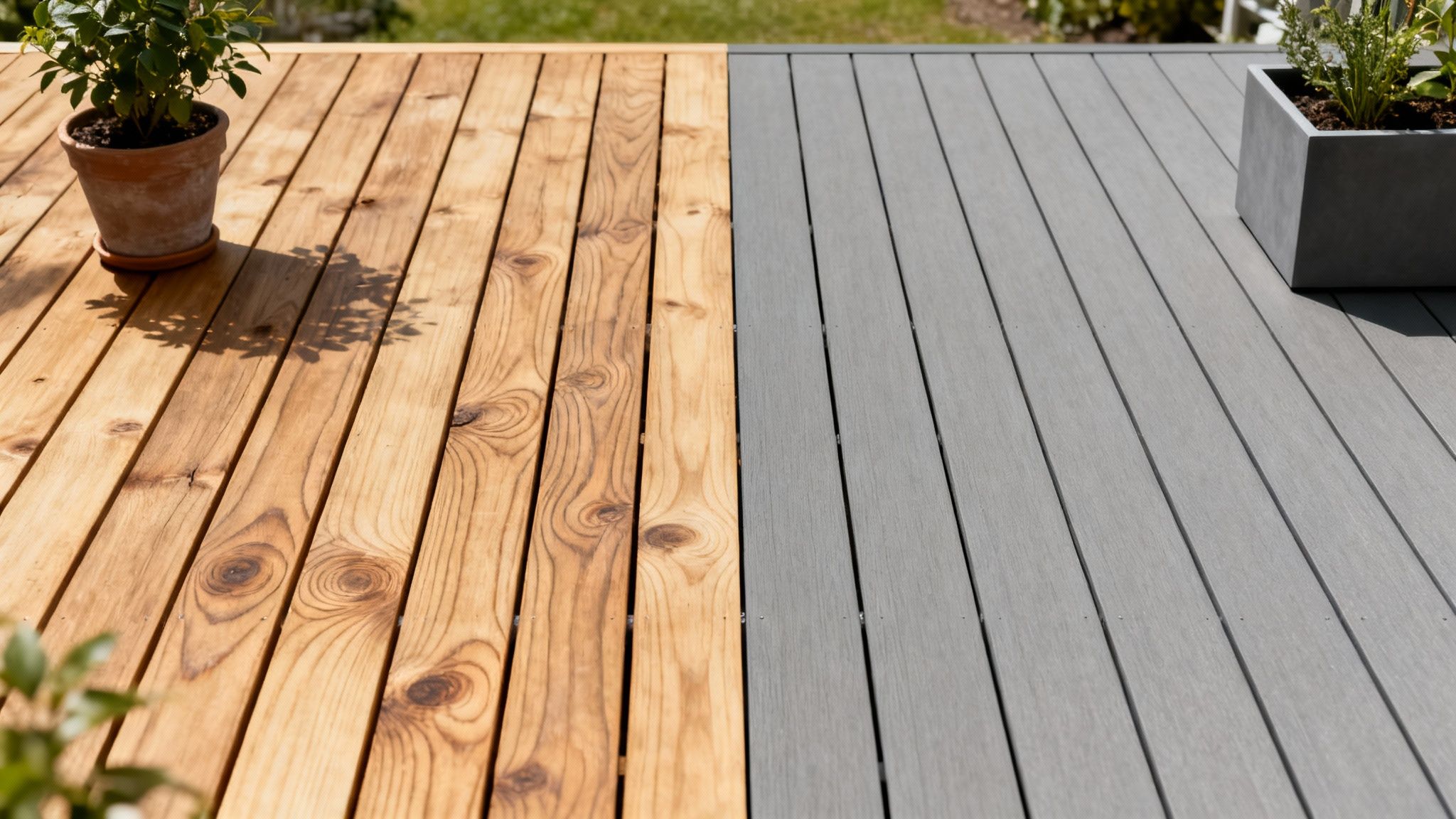 En smuk træterrasse med havemøbler, der viser træets varme og naturlige charme.