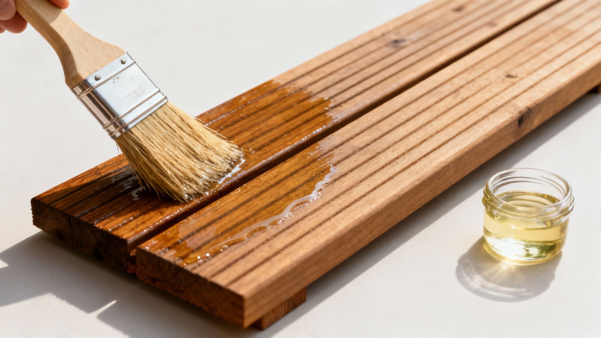 En person renser en træterrasse med en børste og vand