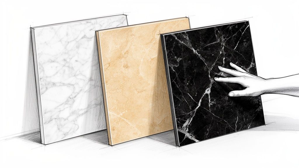 Tre marmorplader i hvid, beige og sort, hvor en hånd rører ved den sorte plade, velegnet til køkken.