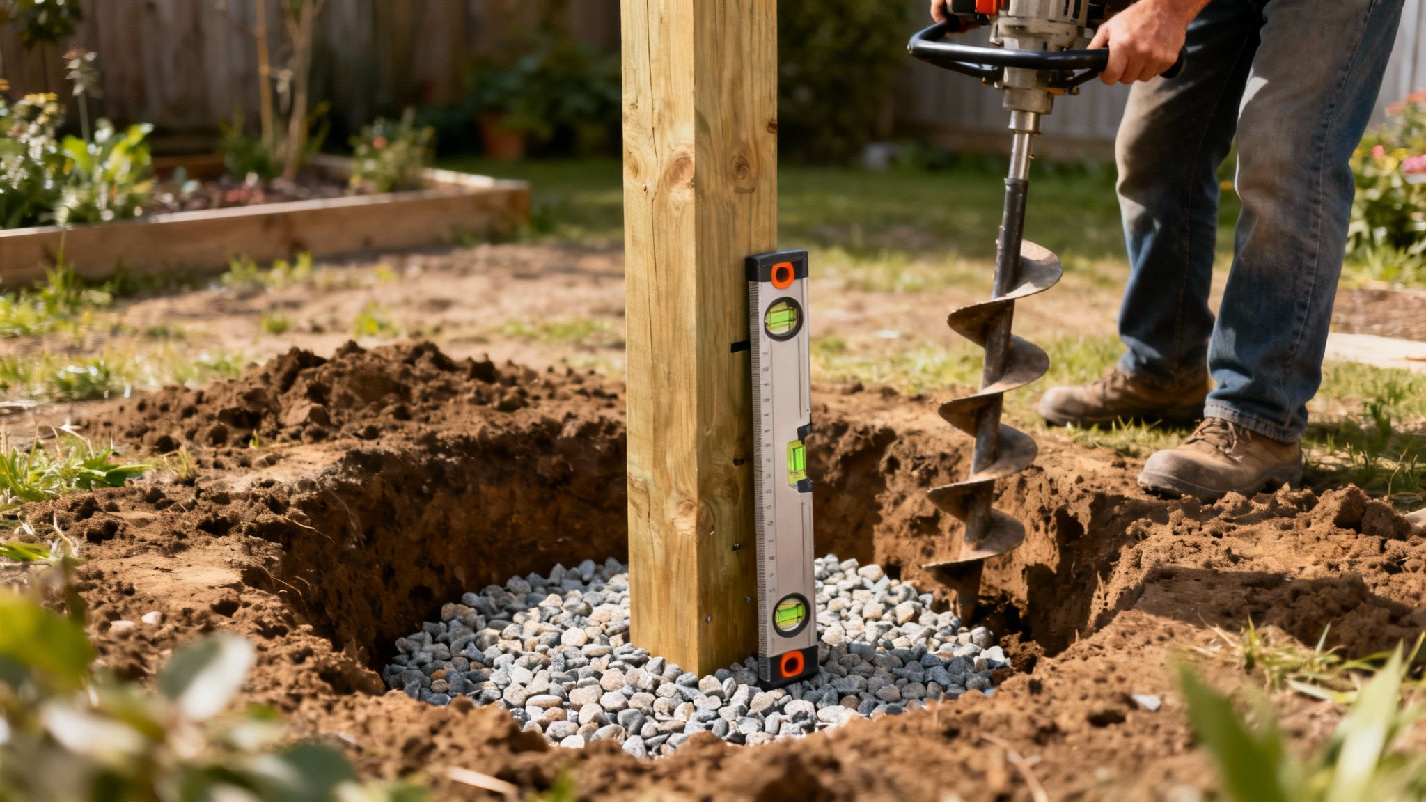 Mand sætter en træstolpe i jorden til et hegn, bruger vaterpas og grus for stabilitet.