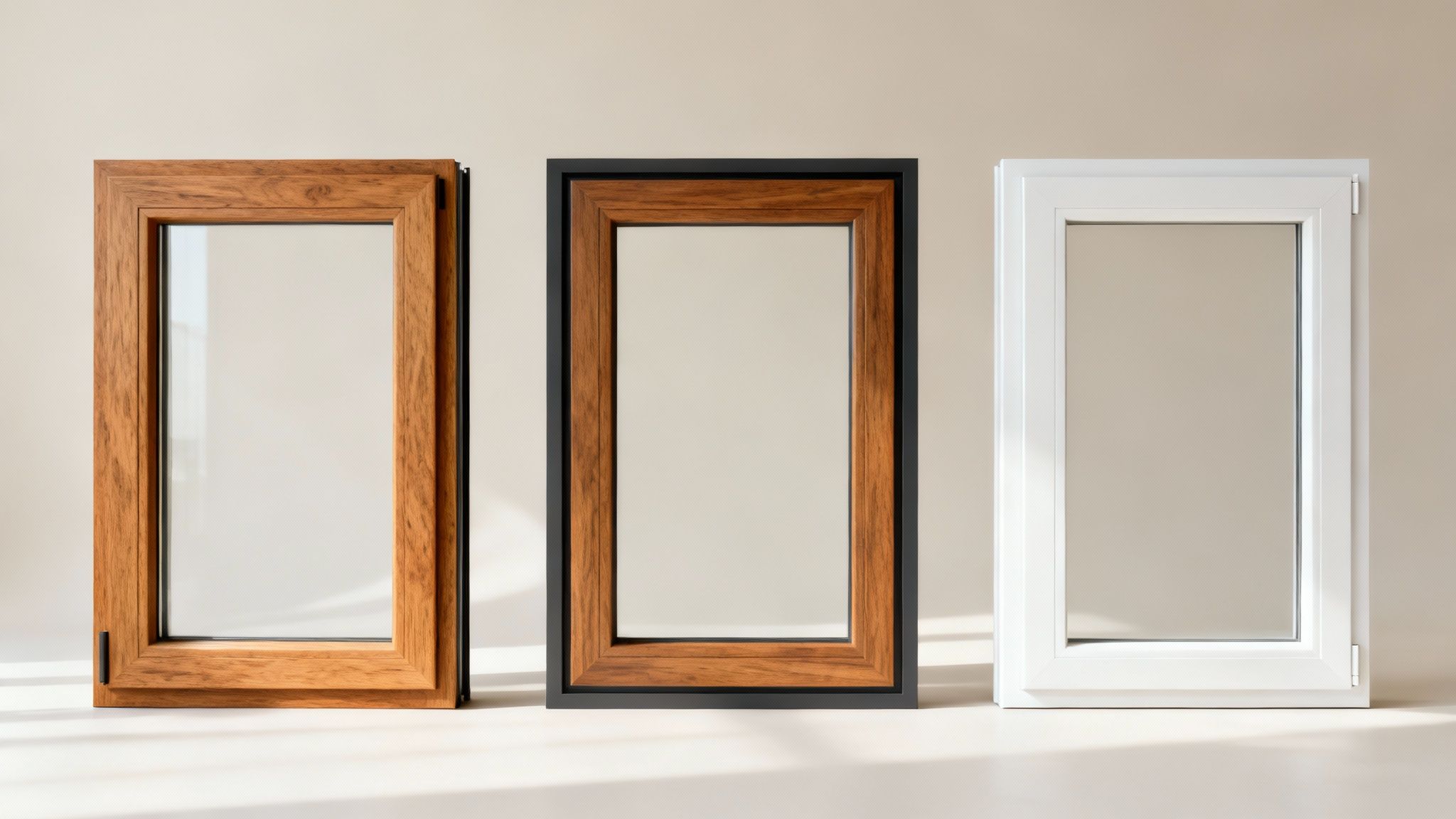 Et udvalg af vinduesprofiler i træ, træ/alu og PVC, som viser de forskellige materialer og deres finish.