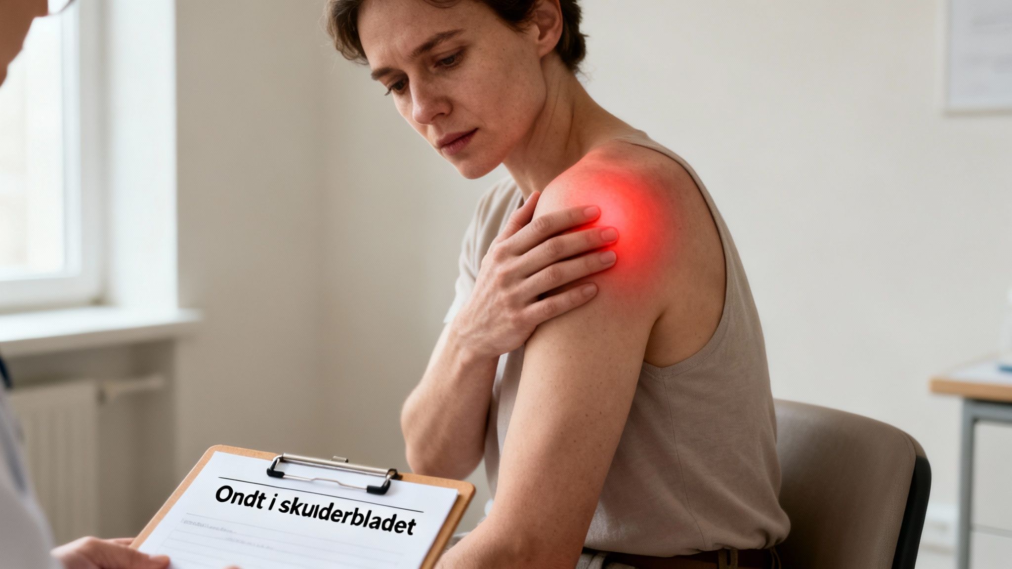 En kvinde med smerter i skulderen holder sig til den, mens en læge holder en journal om skulderbladssmerter.