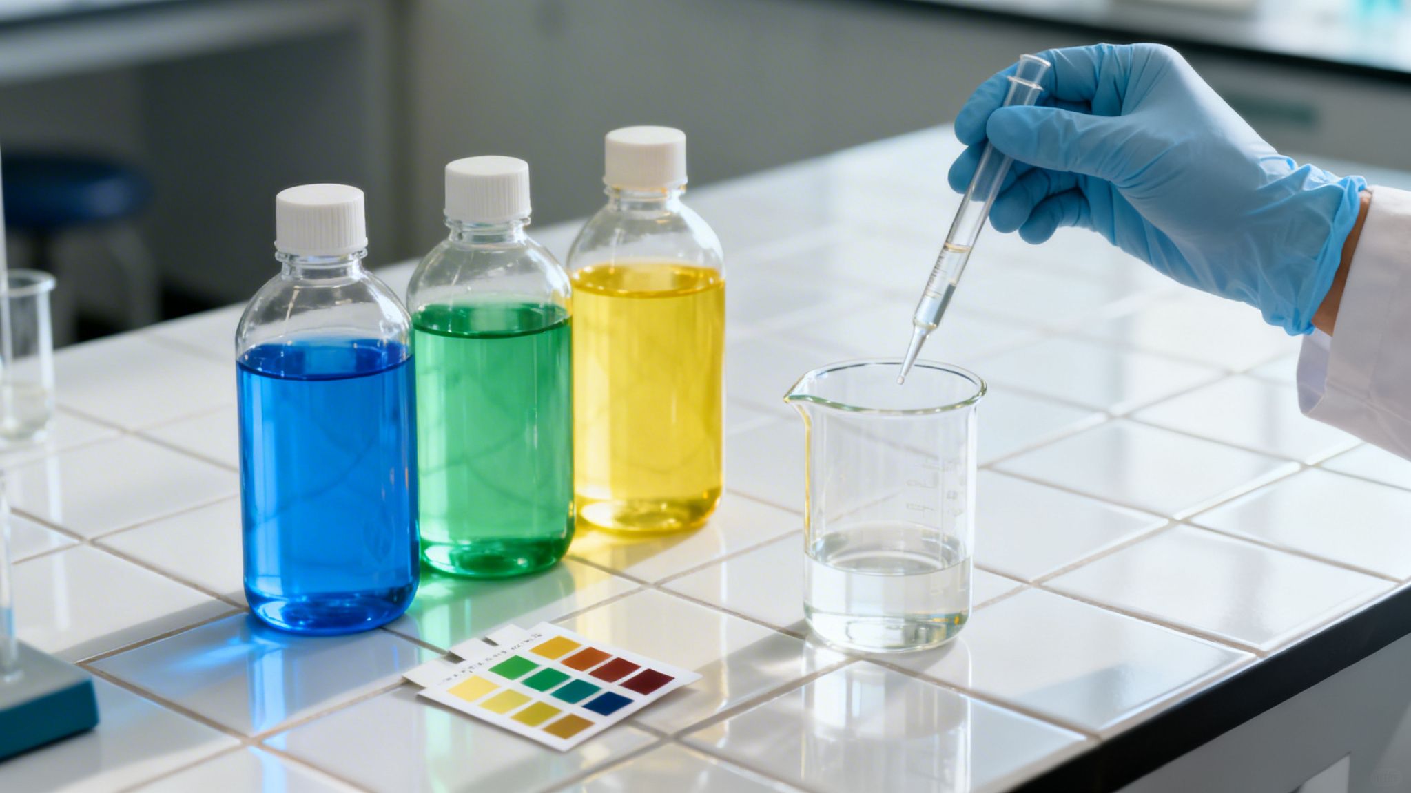 En person i handsker bruger en pipette til at dryppe væske i et bægerglas i et laboratorium med farvede flasker.
