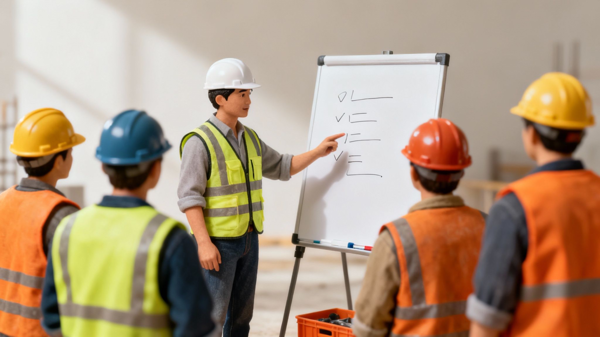 Et team af bygningsarbejdere der holder et morgenmøde på en byggeplads.
