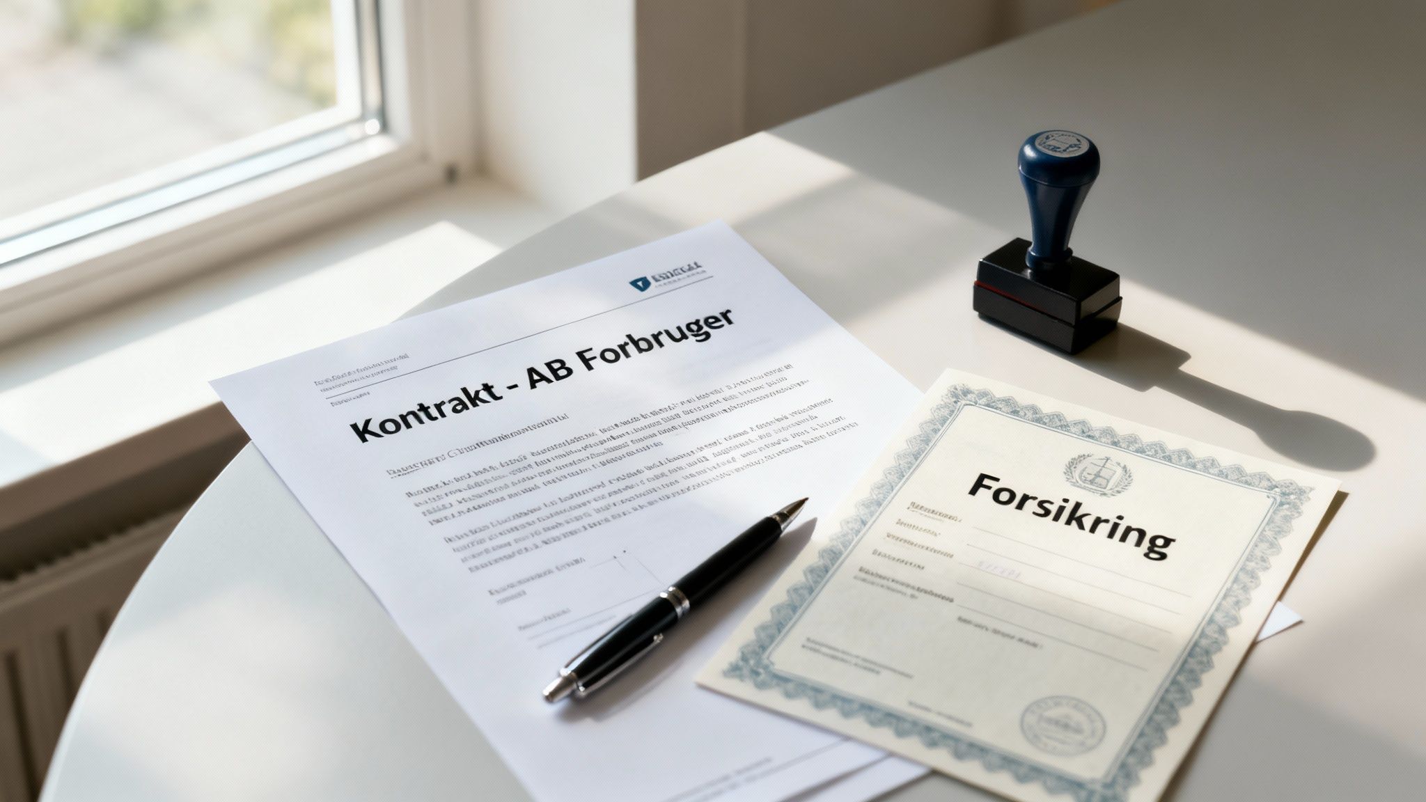 Et bord med en kontrakt, forsikringspapirer, en sort pen og et blåt stempel ved et vindue.