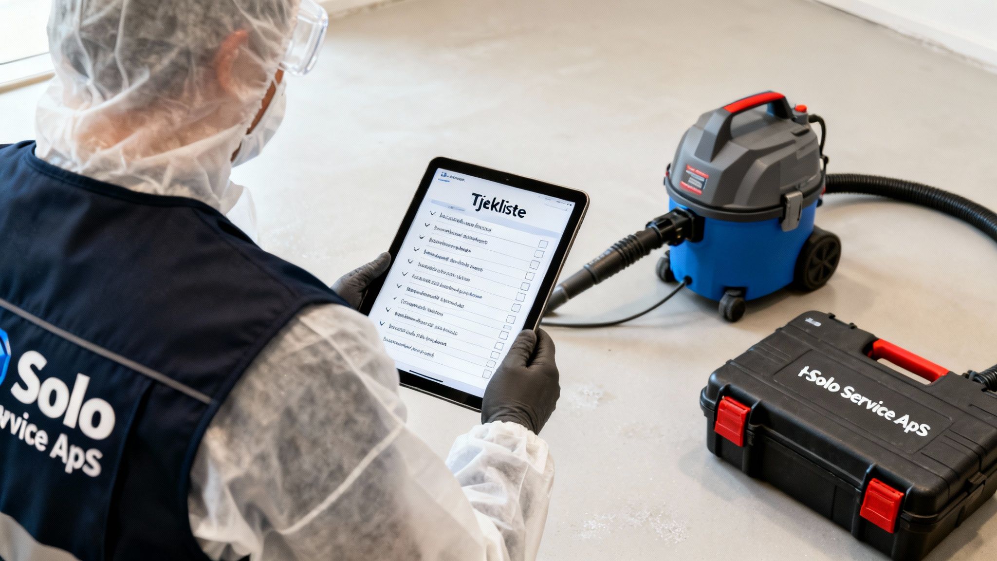 Person i beskyttelsesdragt gennemgår tjekliste på tablet med støvsuger og værktøjskasse i nærheden.