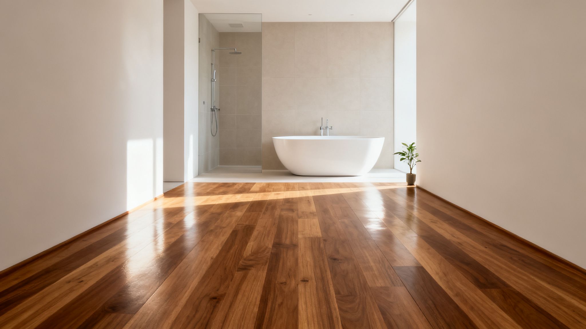 Moderne badeværelse med lyst trægulv, fritstående badekar og bruser i naturligt lys.