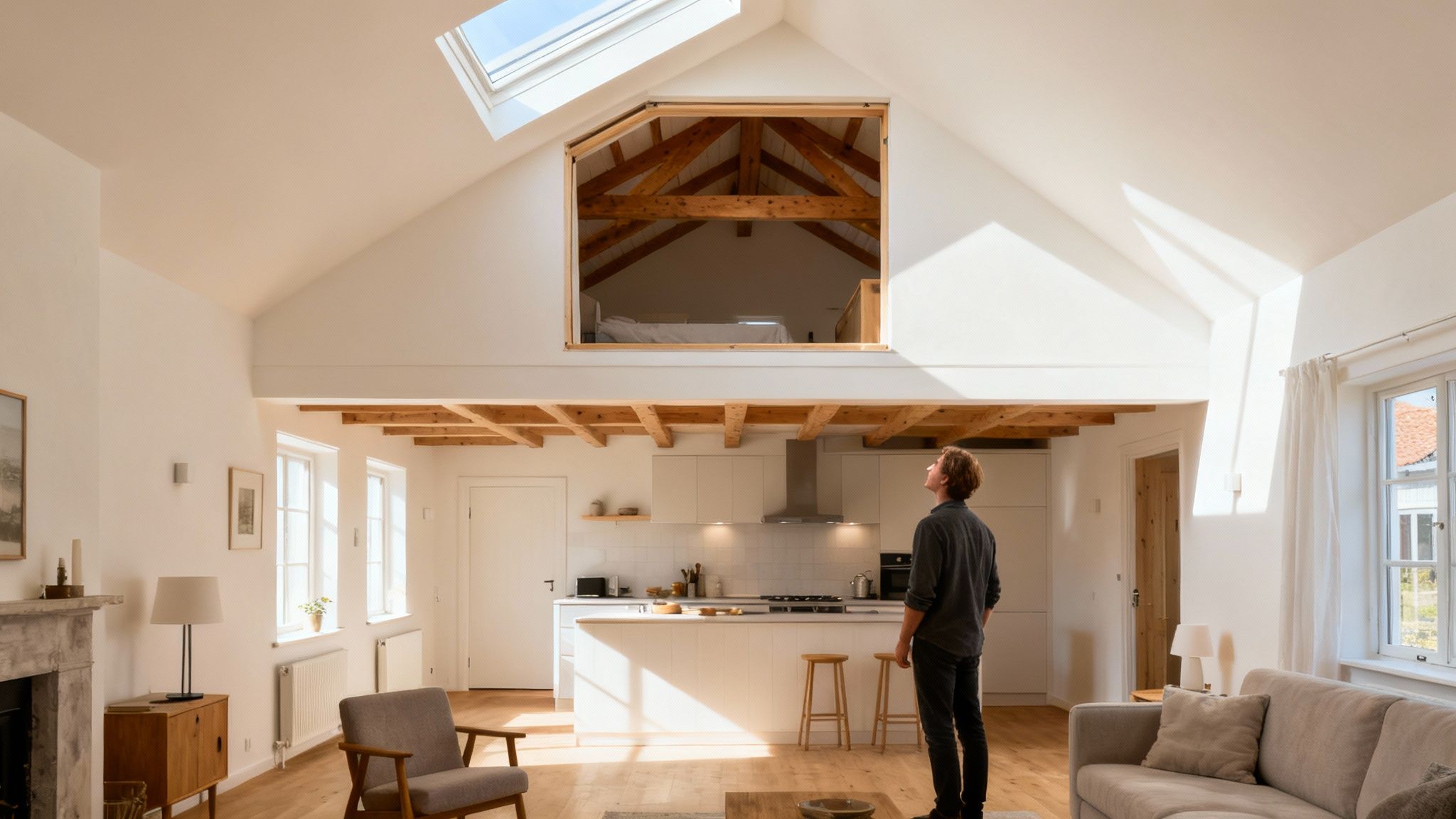 Person står i moderne stue med synlige tagbjælker og loftrum over hvidt køkken