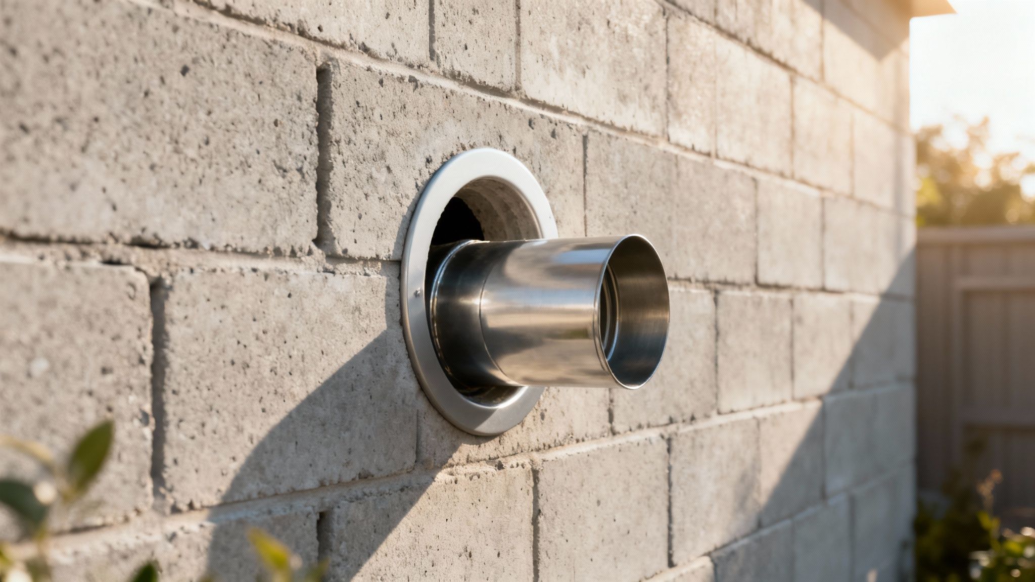 Et rustfrit stålrør stikker ud fra et rundt hul i en lys grå betonblokmur i solskin.