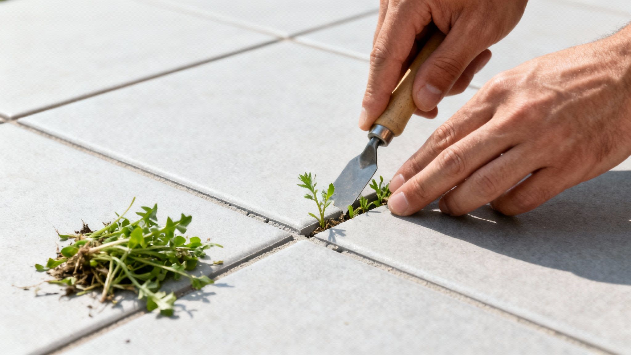Nærbillede af hænder der fjerner ukrudt fra flisemellemrum med et specialværktøj, med en bunke fjernet ukrudt ved siden af.