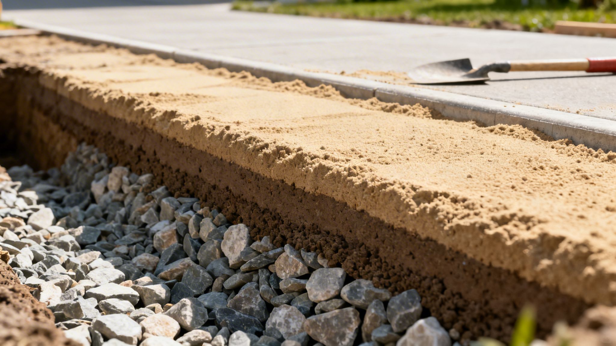 Et tværsnit af stabilgrus, jord og sandlag, der forberedes til en indkørsel, med en skovl i baggrunden.