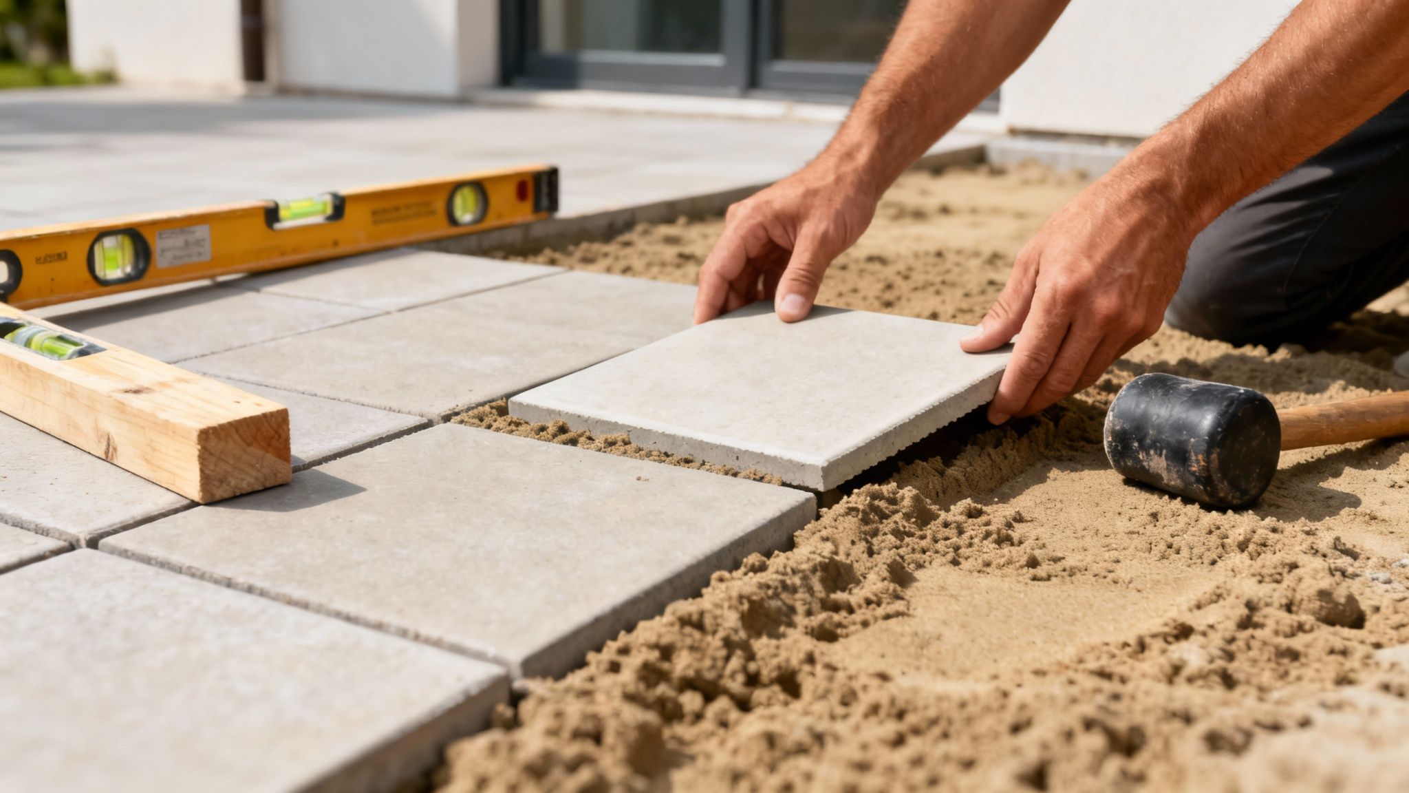 Hænder lægger grå fliser på en sandbund til en terrasse. Vaterpas og hammer ses.