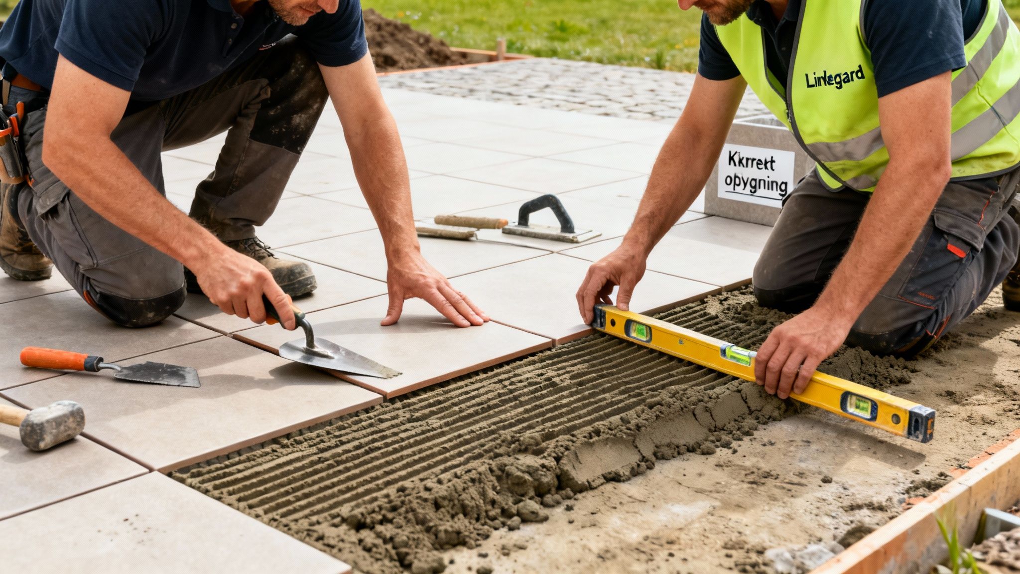 To mænd lægger keramiske fliser udendørs på en terrasse med spartel og vaterpas.