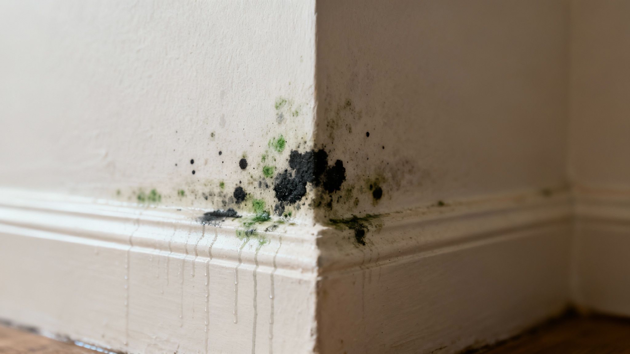 En tømrer fra NKL Tømrer & Snedker inspicerer en væg med skimmelsvamp i et hjørne