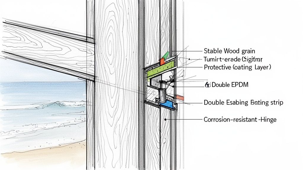 Detaljeret tværsnit af en træfoldedør med fokus på materialer, tætninger og en korrosionsbestandig hængsel.