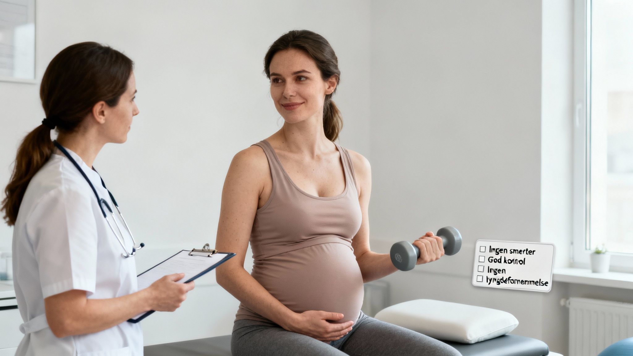 En gravid kvinde træner med en håndvægt, mens en læge konsulterer hende ved et tjek.