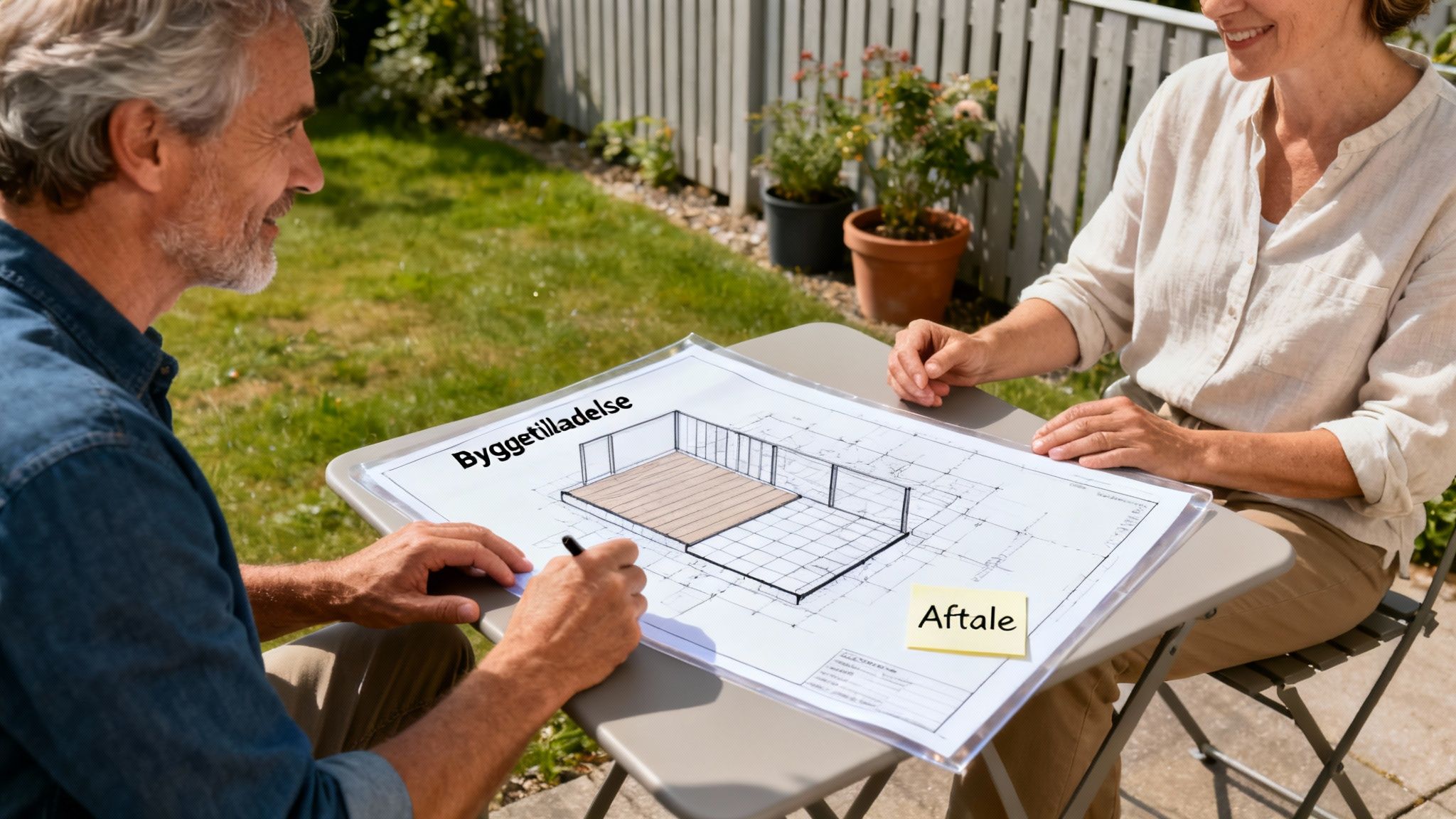 Et ældre par gennemgår byggetegninger for en træterrasse udendørs, med ordene 'Byggetilladelse' og 'Aftale'.