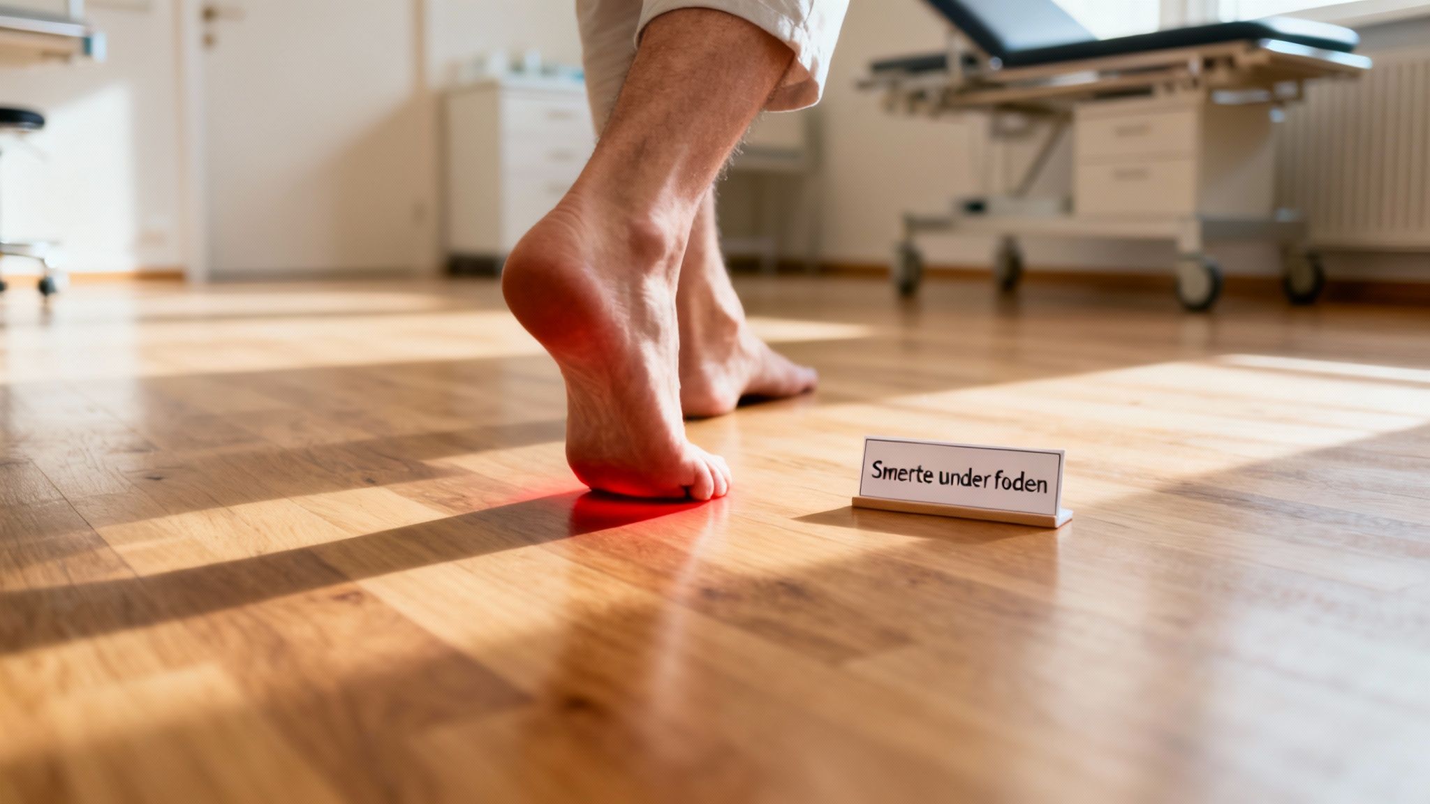 Nærbillede af en fod med rød glød under, der symboliserer smerte, og et skilt med teksten 'Smerte under foden' på et trægulv.
