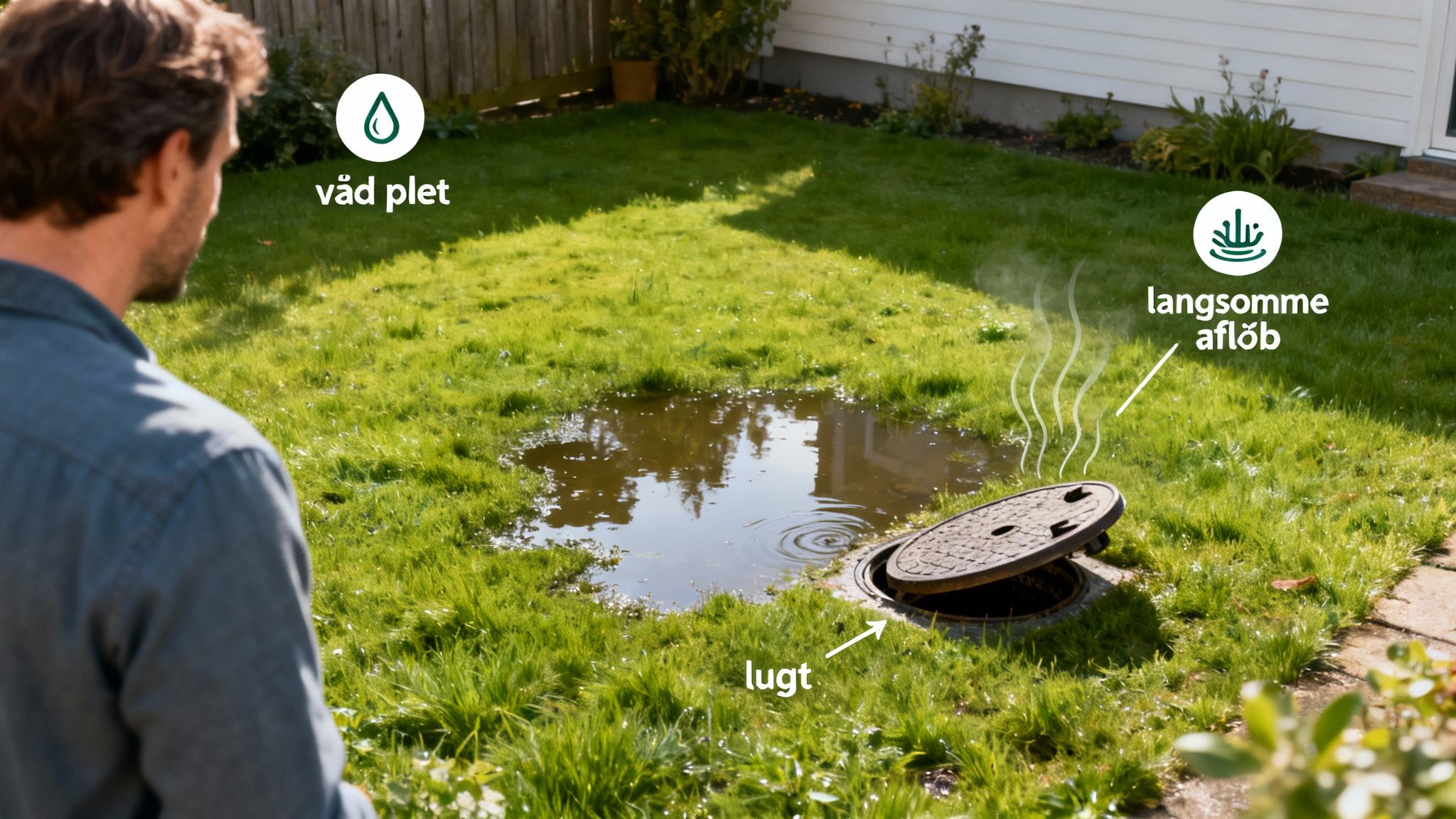 En mand betragter en stor vandpøl på græsplænen med en åben brønd, der indikerer et problem med afløb og lugt.
