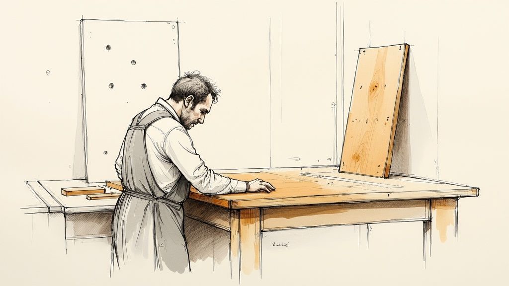 En mand i arbejdstøj inspicerer en træbordplade i et værksted. Illustrationen er en skitse med akvarel.