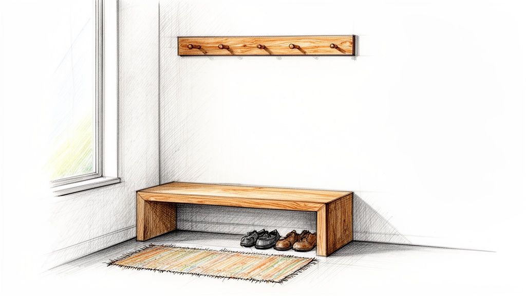 Minimalistisk entré skitsedesign med en træbænk, vægmonteret knagerække, vindue, tæppe og sko.