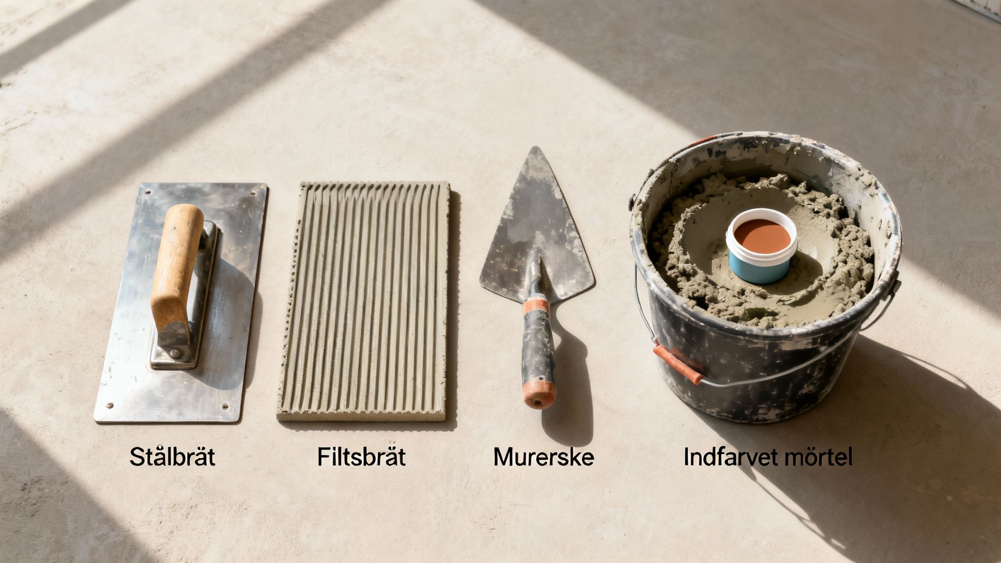 Værktøjer og materialer til vandskuring, inklusiv stålebræt, filtsbræt, murerske og indfarvet mørtel i spand.