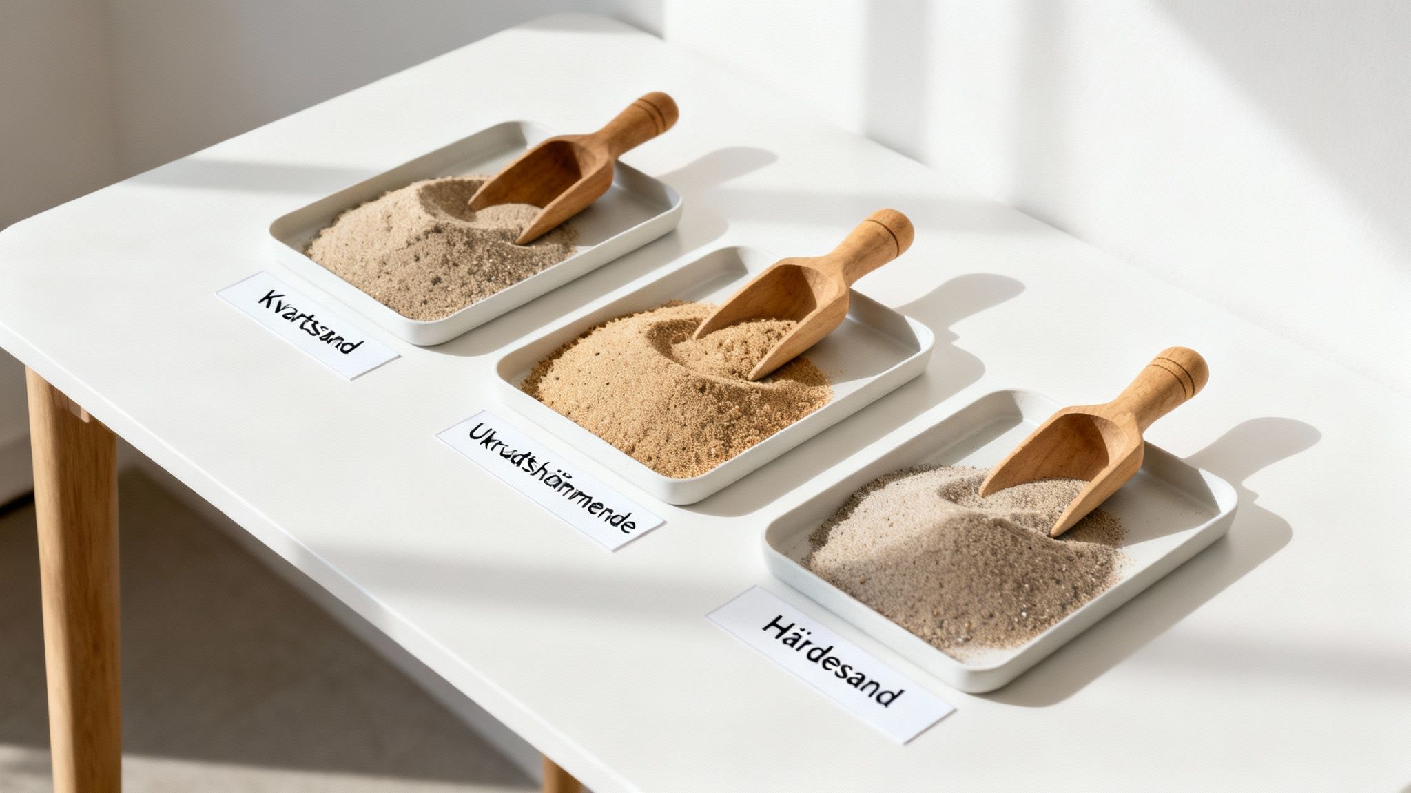 Tre forskellige typer sand til flisefuger, inklusiv kvartsand og ukrudtshæmmende sand, præsenteret med træskovle på et hvidt bord.