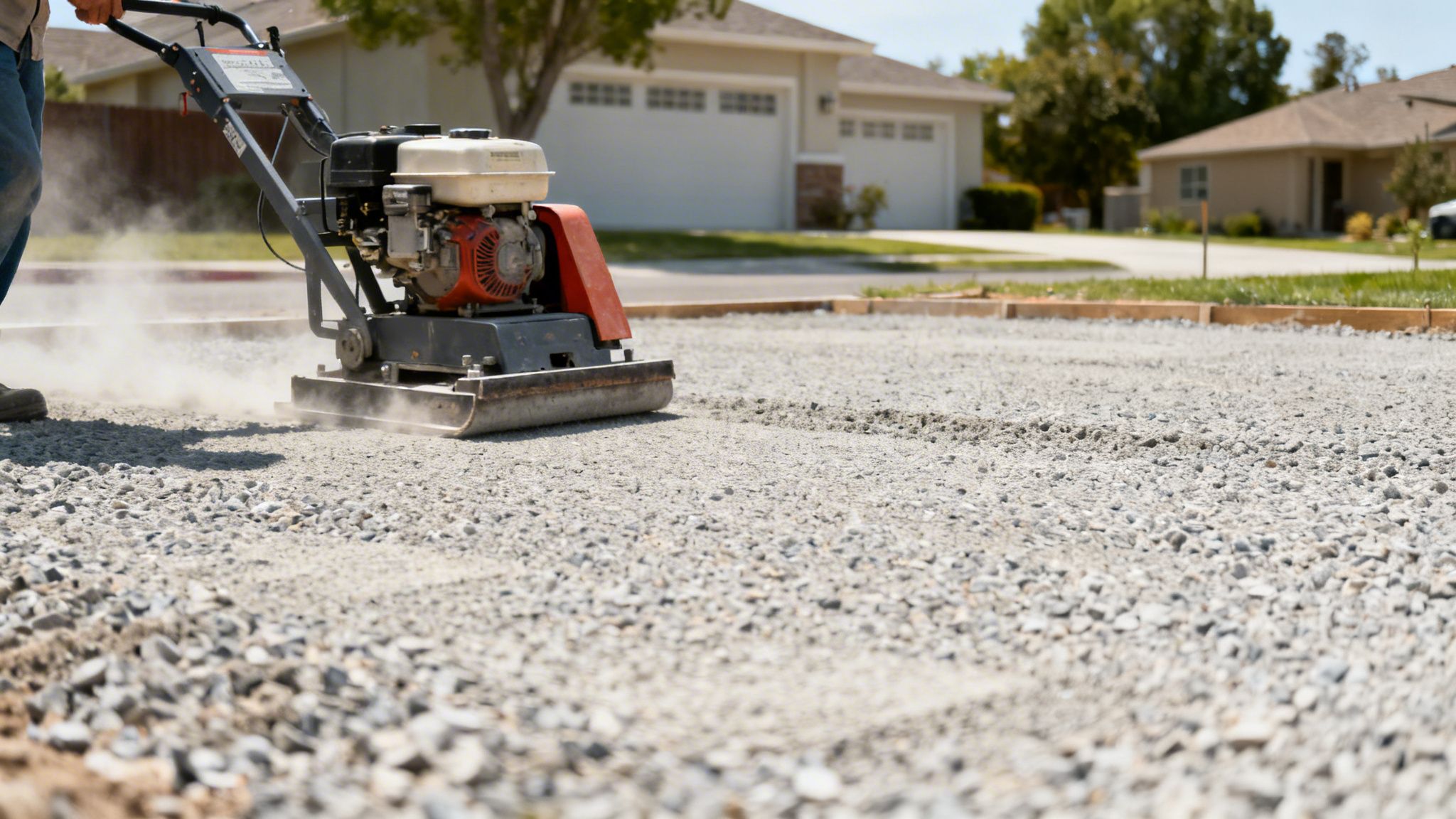 En person komprimerer stabilgrus med en pladevibrator til en ny indkørsel foran et hus.