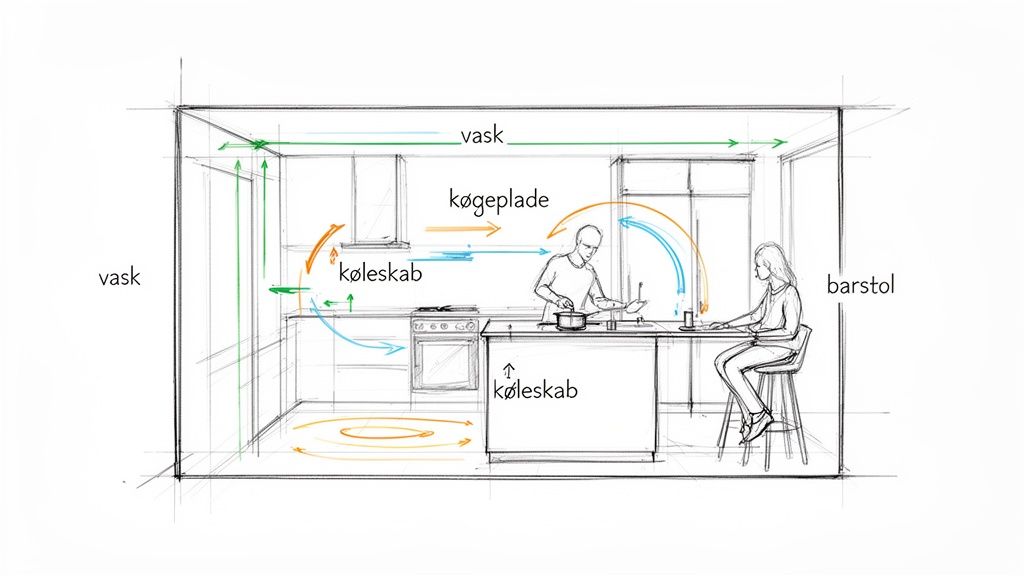 Skitse af et køkken med en person der laver mad, en siddende ved en bar, og markeringer af vask, kogeplade, køleskab og barstol.