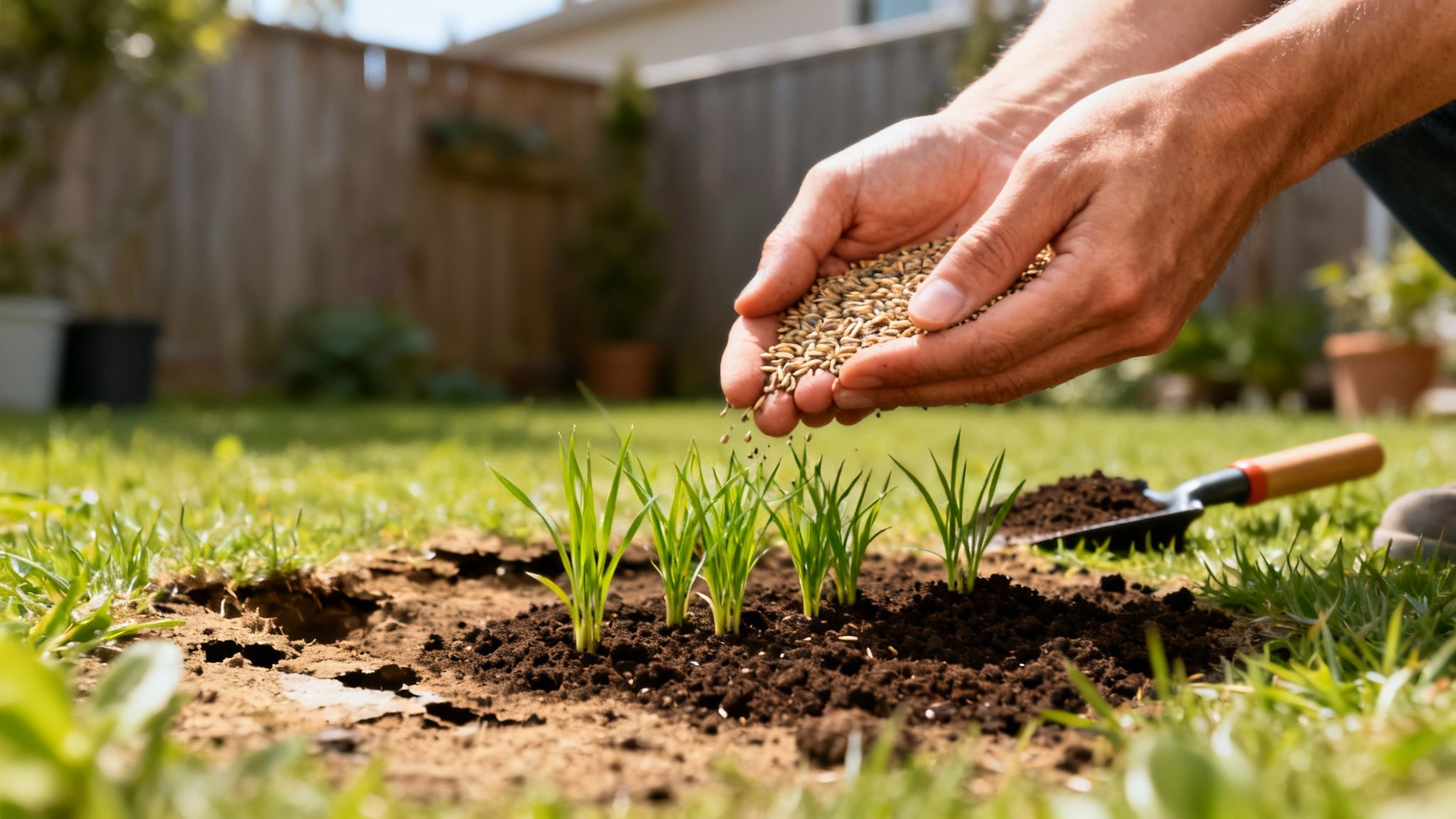 En person spreder topdressing på en græsplæne efter fjernelse af mos.