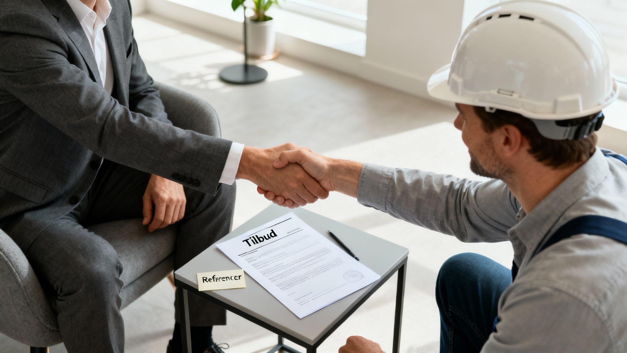 To mænd, en i jakkesæt og en i arbejdstøj, giver hånd over et bord med en kontrakt om et tilbud og referencer.