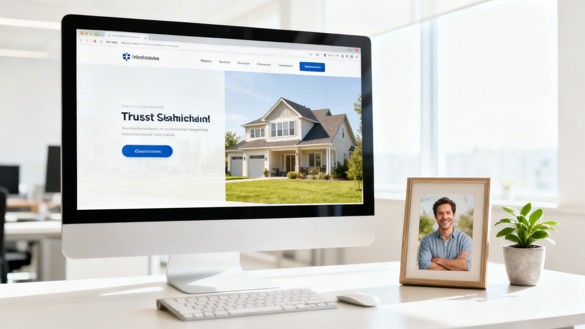 Et skrivebord med en computerskærm, der viser en hjemmeside med et hus, en indrammet foto af en smilende mand og en grøn plante.