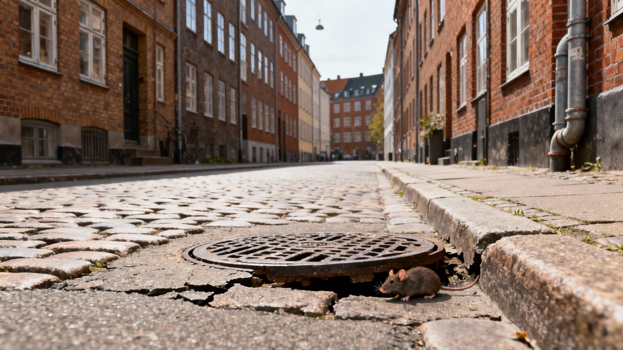 En rotte titter frem fra et kloakdæksel på en brostensbelagt gade i København om dagen.